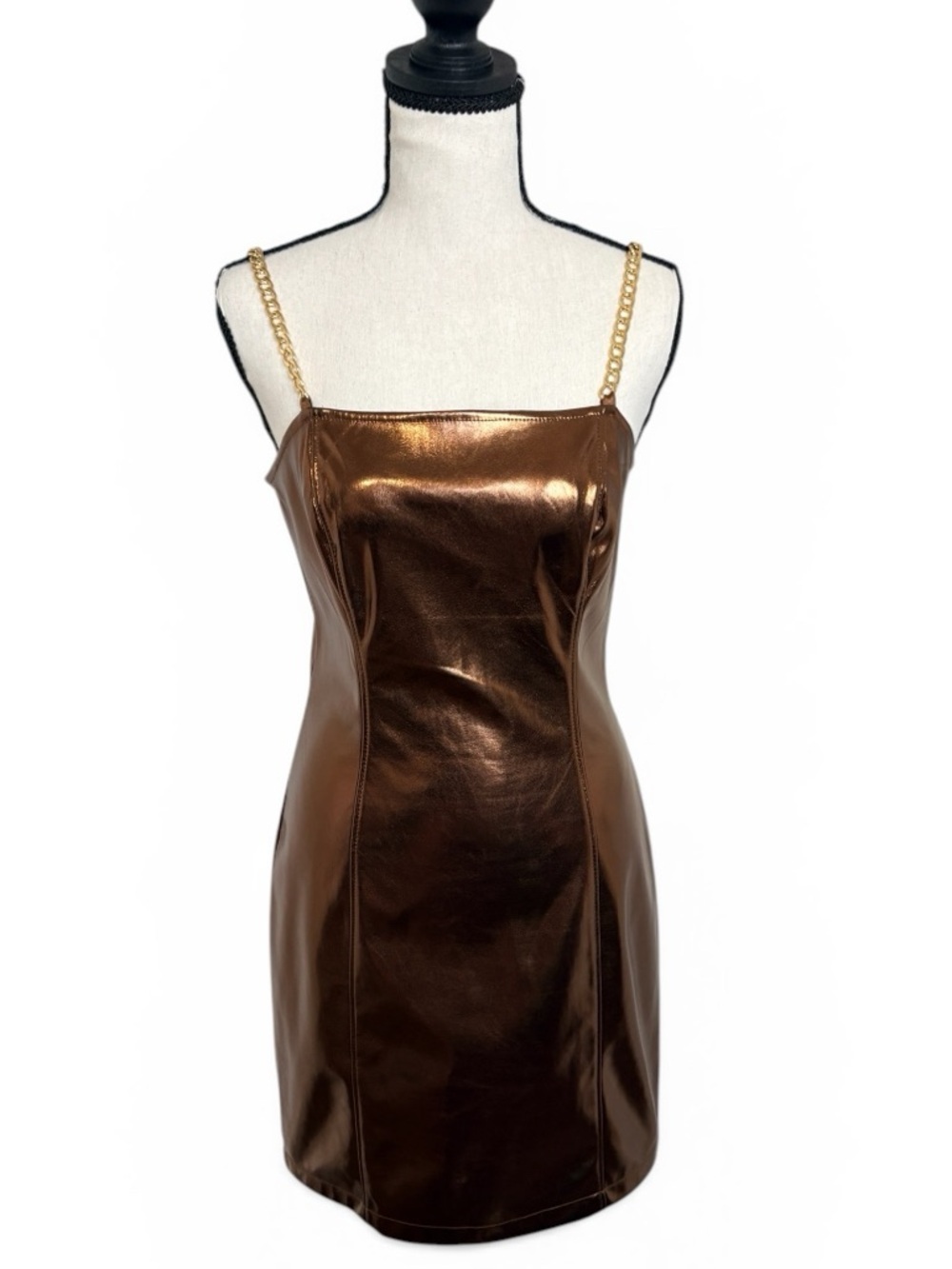 Betsey‎ Johnson Bronze Metallic Mini Dress Chain Strap Bodycon Y2K JN308899 S
